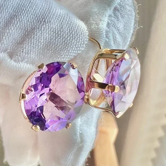 14K Yellow Gold Purple Amethyst Earrings, February Birthstone Earrings